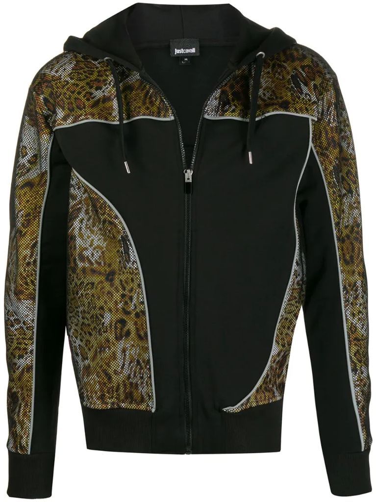 zipped leopard print detailed hoodie