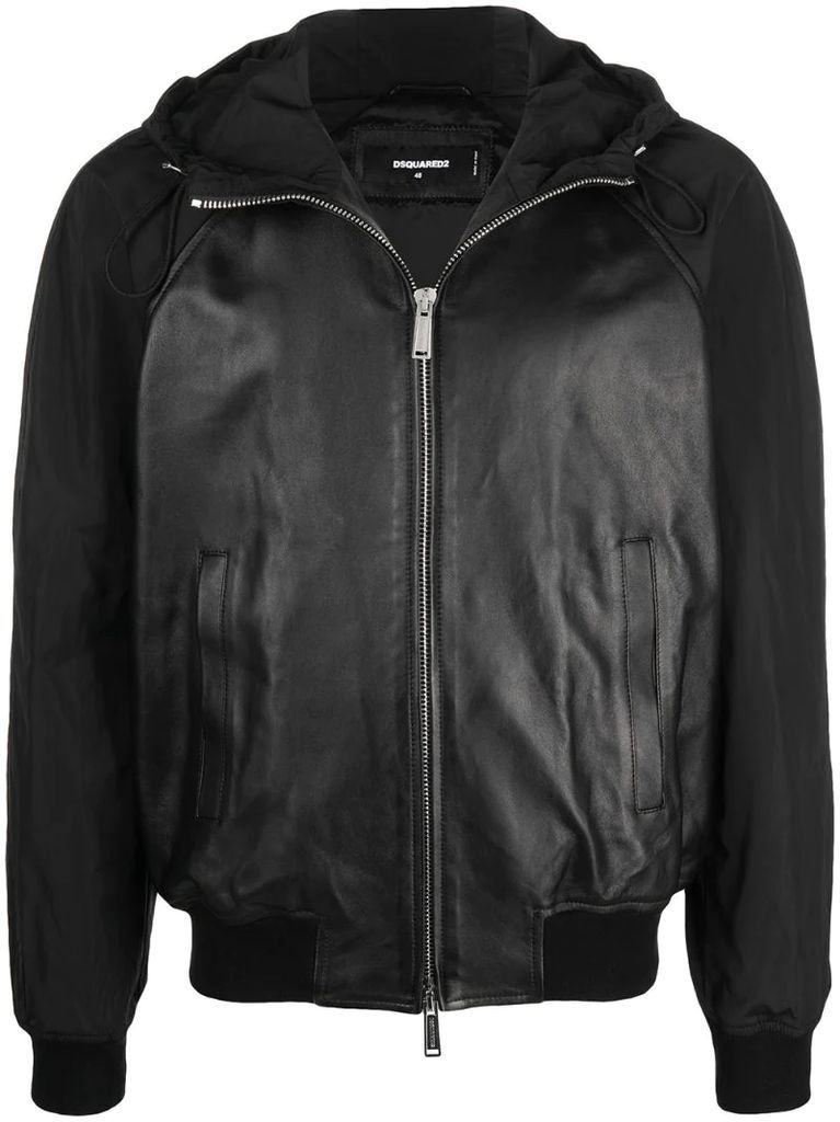 leather hooded bomber jacket