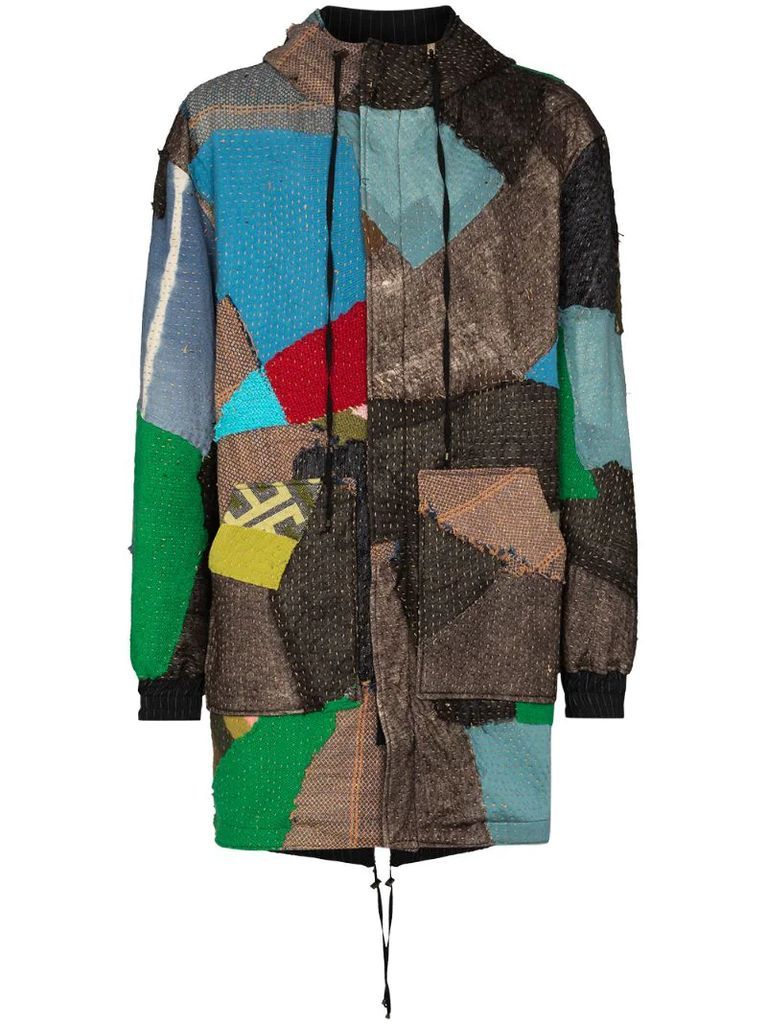 hooded patchwork-style parka coat