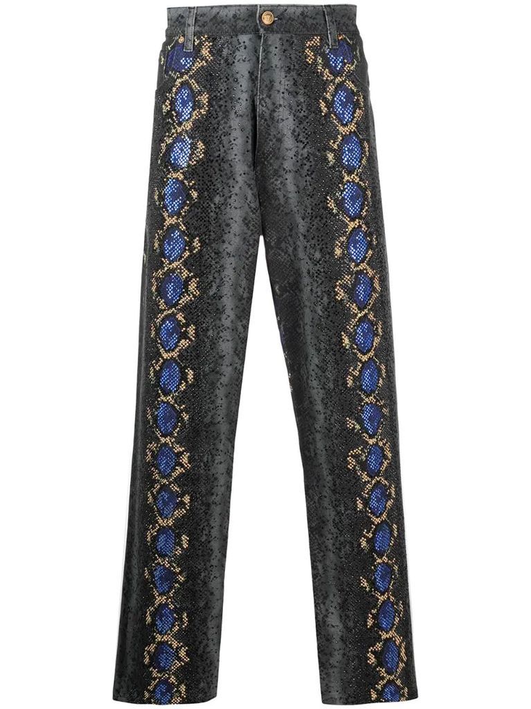 snake-print straight-leg jeans