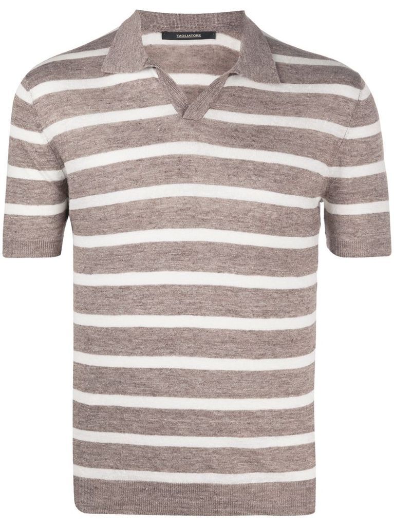 striped knitted open collar polo shirt