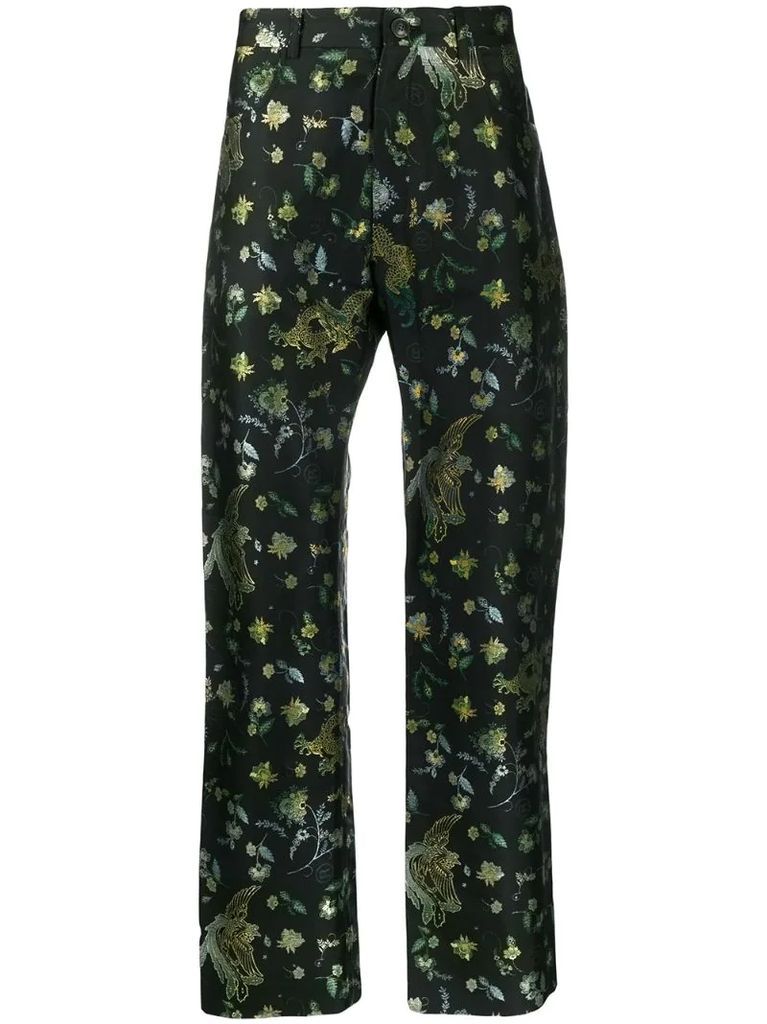 floral & bird embroidered trousers