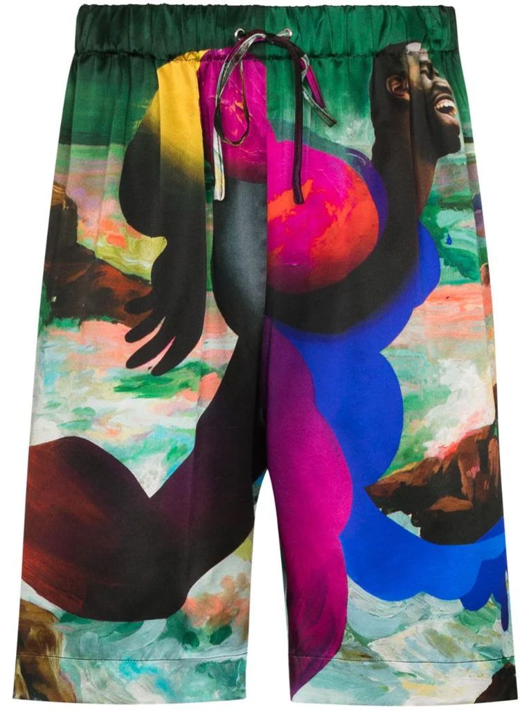 Maison-print silk Bermuda shorts