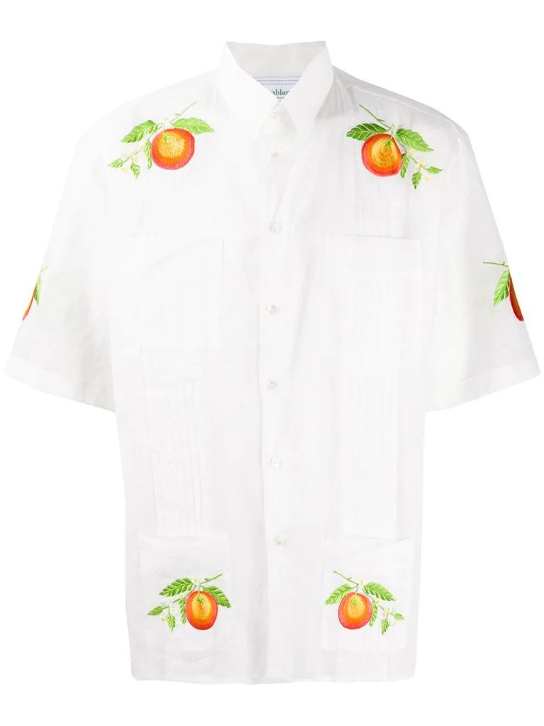 orange embroidered pleated shirt