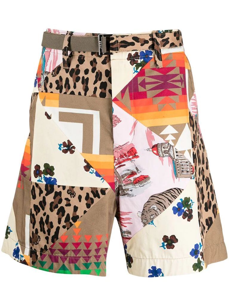 patchwork graphic print shorts
