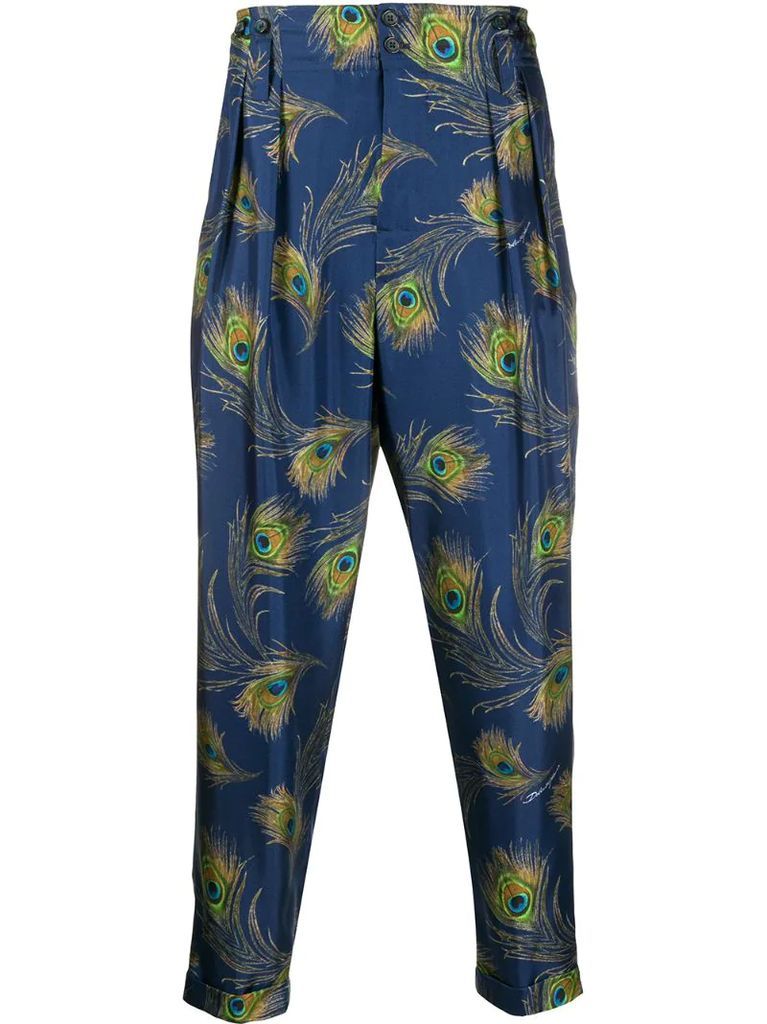 peacock print tailored trousers
