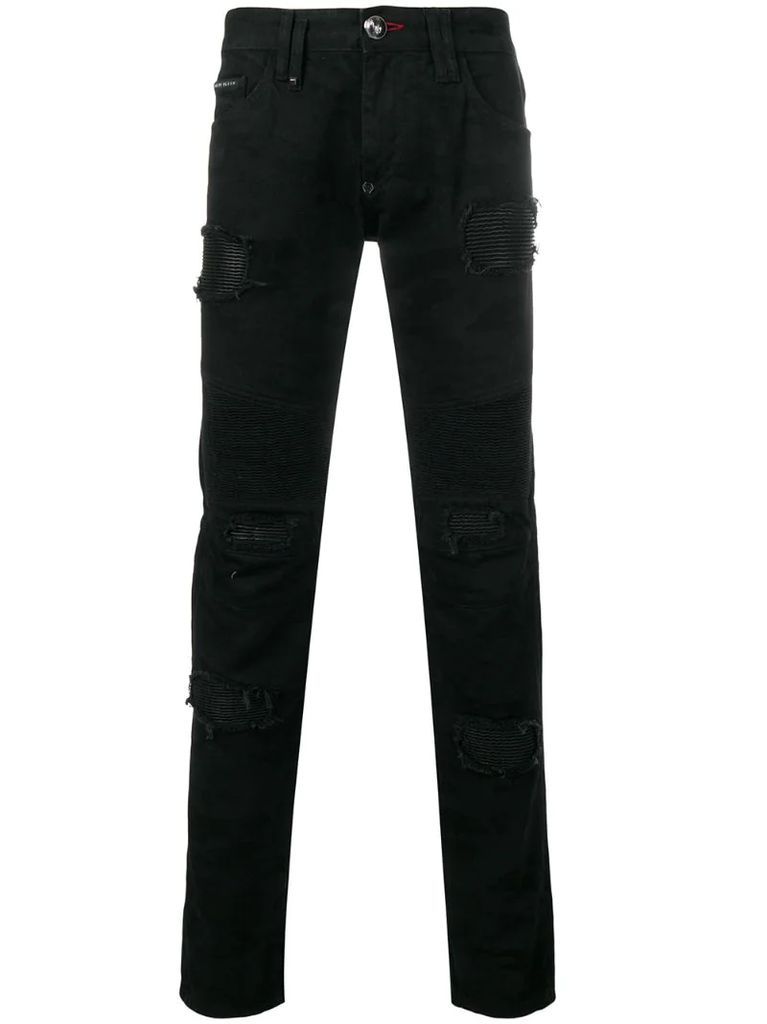 distressed patch slim-fit jeans