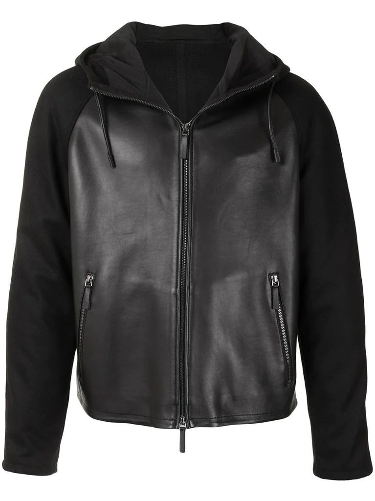 hooded leather panel jacket