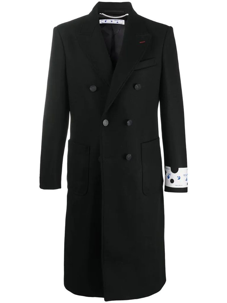double-breasted logo print coat