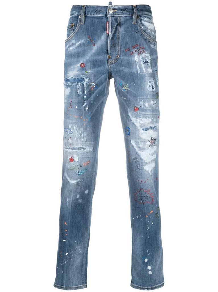 distressed paint-splatter jeans