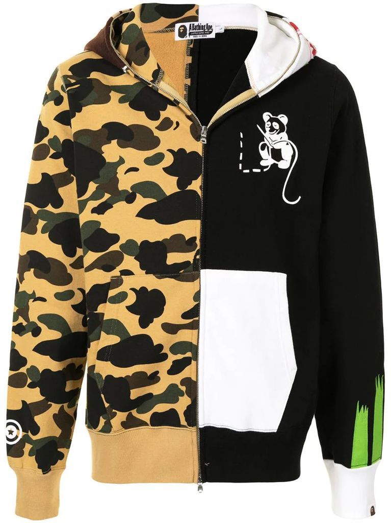 panelled camouflage print zip-up hoodie