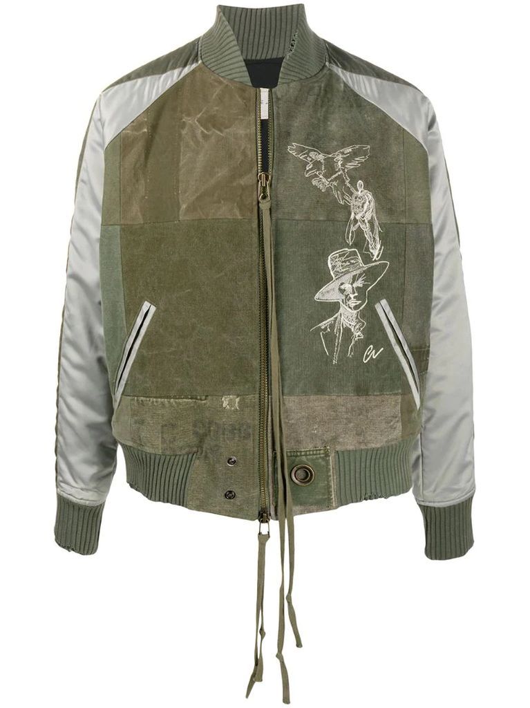 satin-panelled patchwork bomber jacket