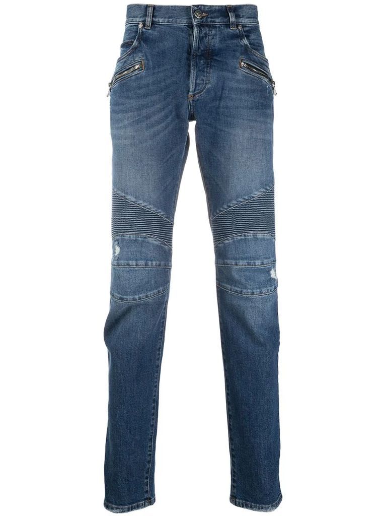 mid-wash ribbed tapered jeans