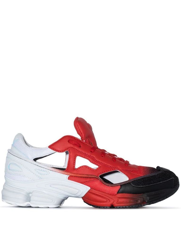 X Raf Simons red and black Ozweego cut out sneakers