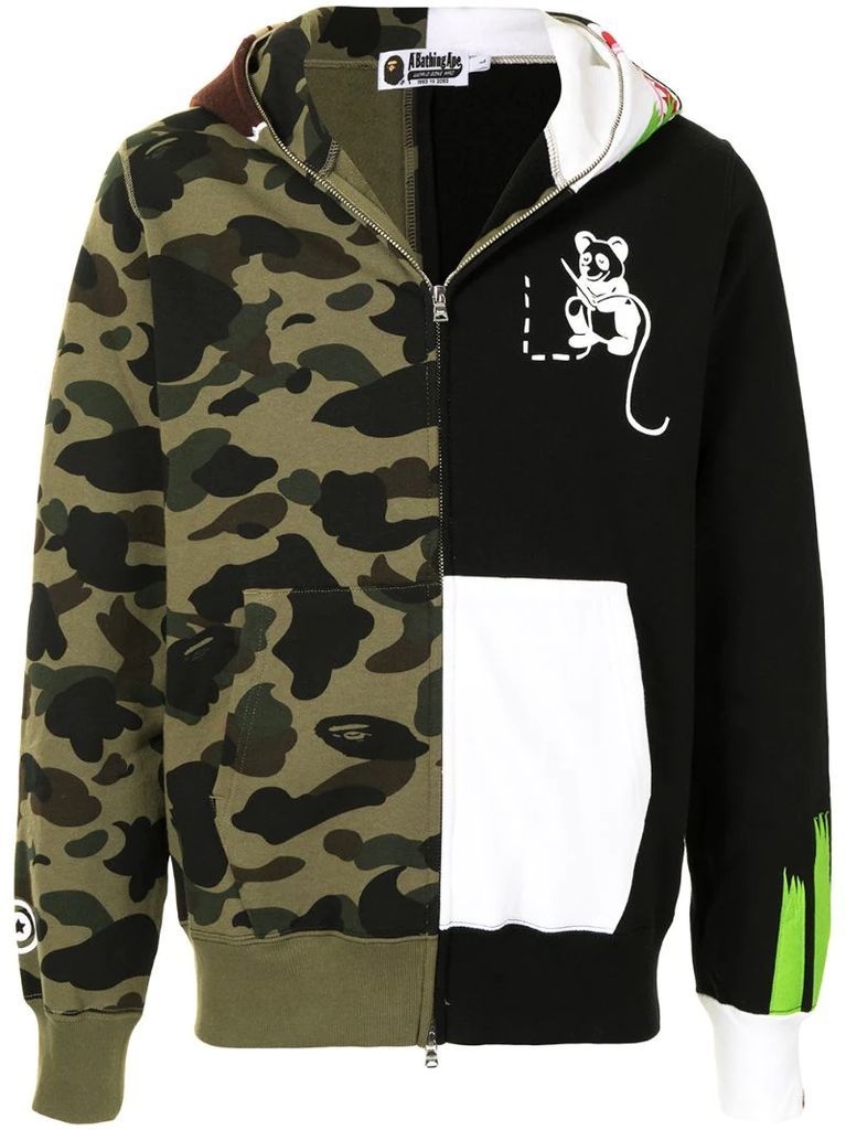 panelled camouflage print zip-up hoodie