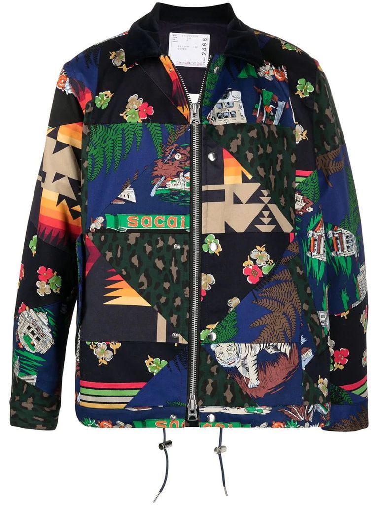 patchwork-print zip-up jacket