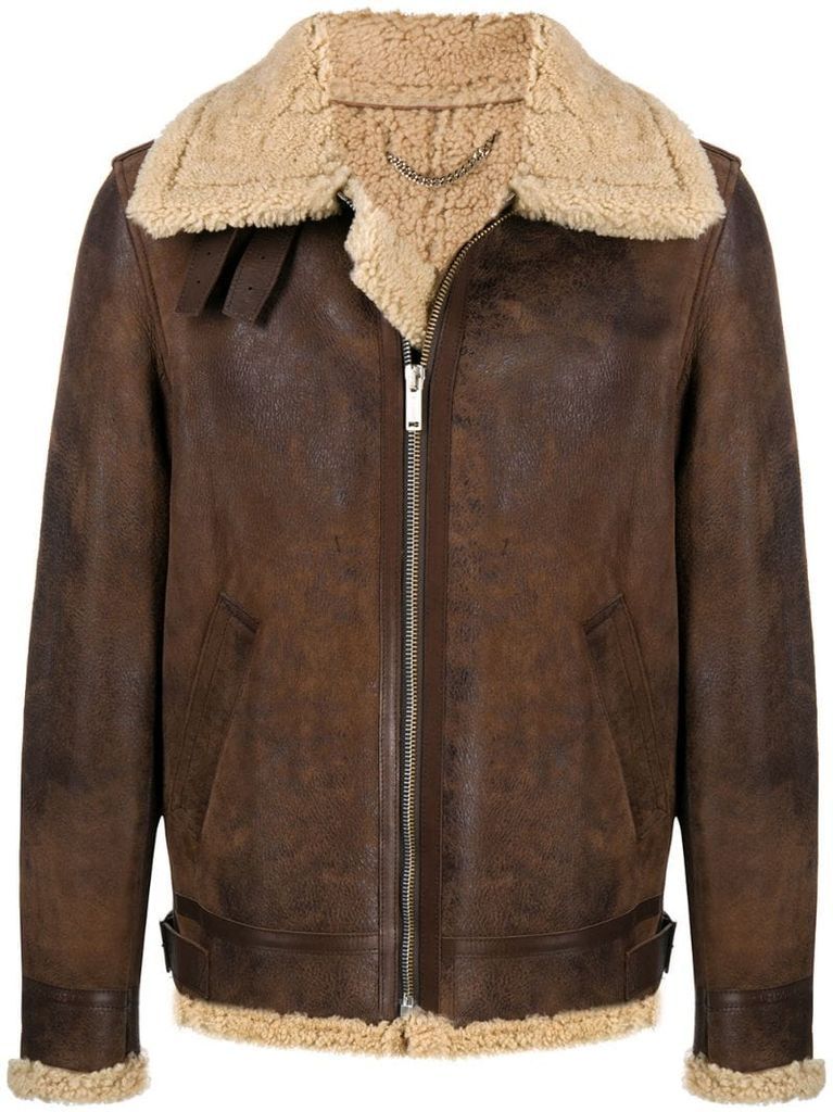 layered zip-up leather jacket