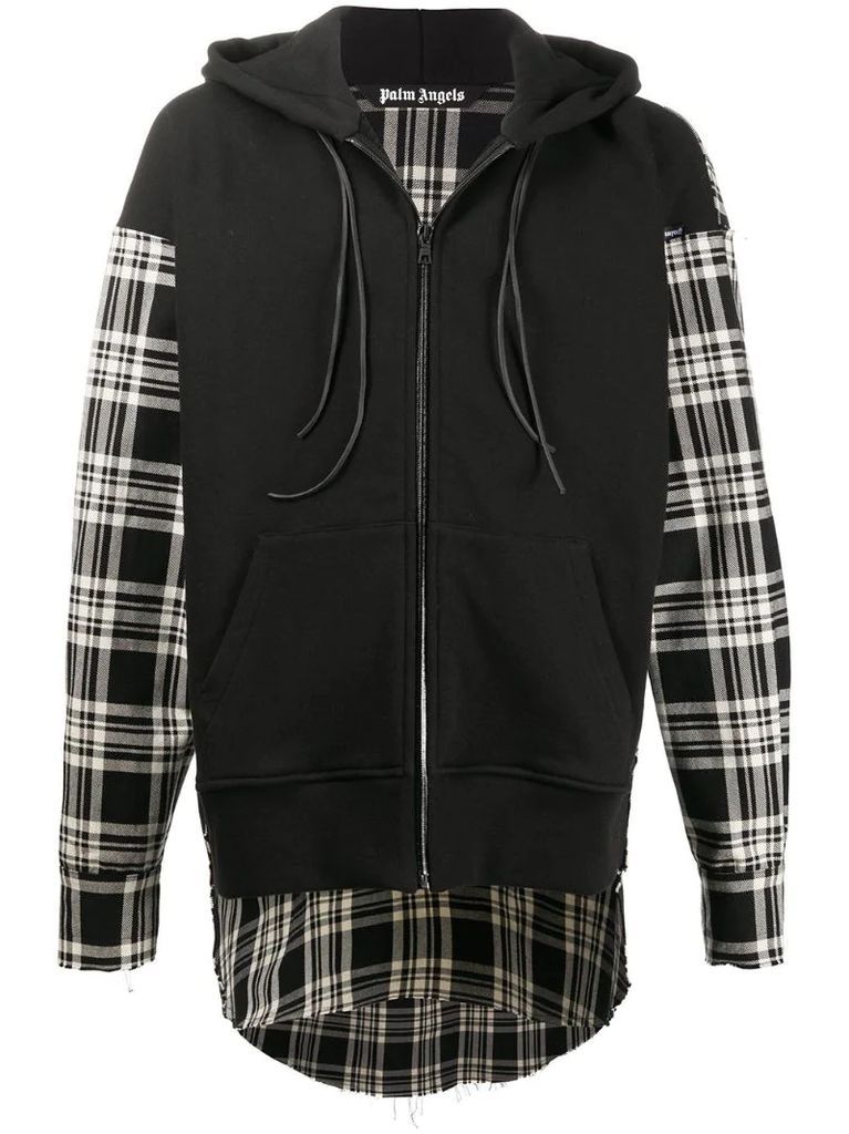check-print panelled zip-up hoodie