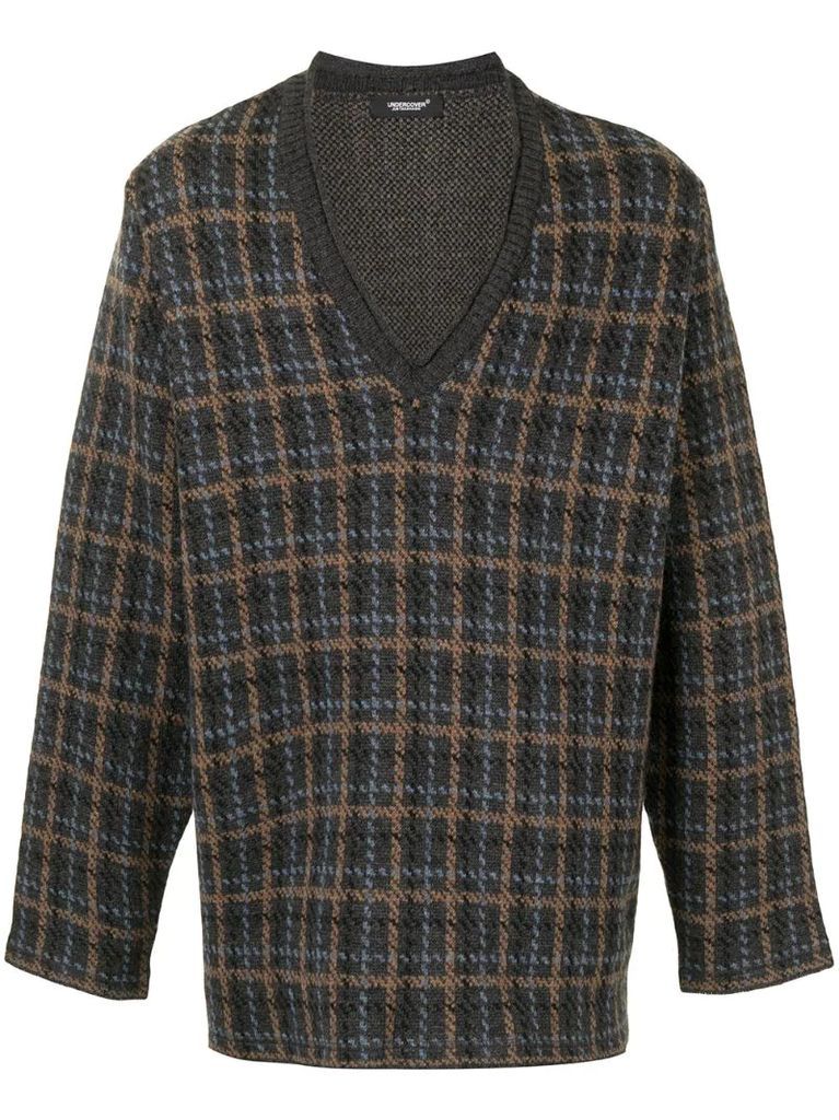 check pattern V-neck wool sweater