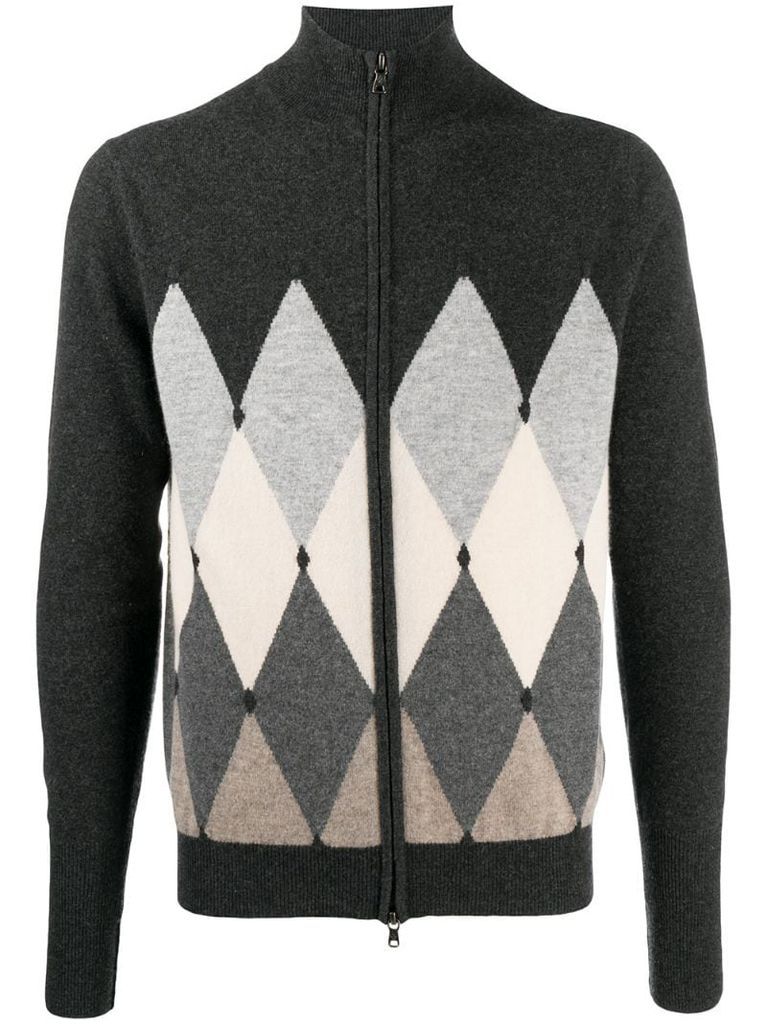 argyle knit zip-front jumper