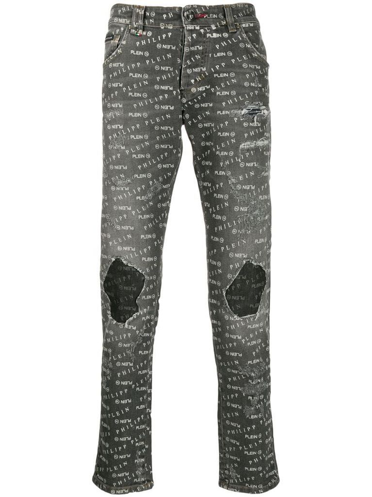 all over logo jeans