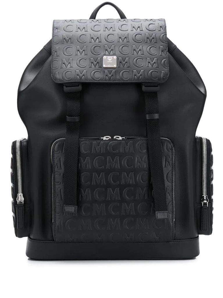 embossed logo leather backpack