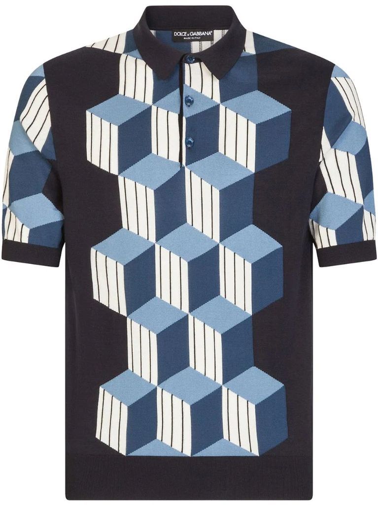 geometric-pattern short-sleeve polo shirt