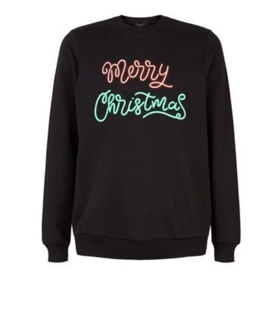 Men's Black Neon Merry Christmas Slogan Sweatshirt New Look