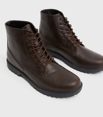 Men's Dark Brown Leather-Look Lace Up Chunky Boots New Look