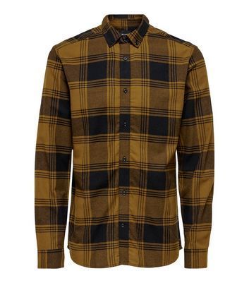 Men's Only & Sons Brown Check Long Sleeve Shirt New Look