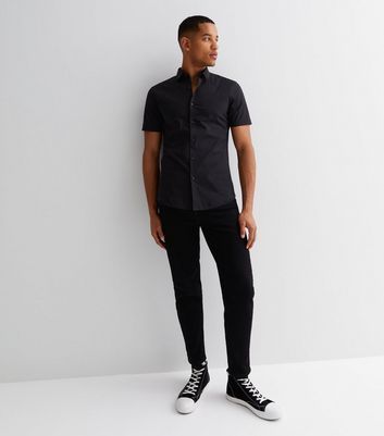 Men's Black Poplin Short Sleeve Muscle Fit Shirt New Look