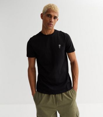 Men's Black Embroidered Rose Regular Fit T-Shirt New Look
