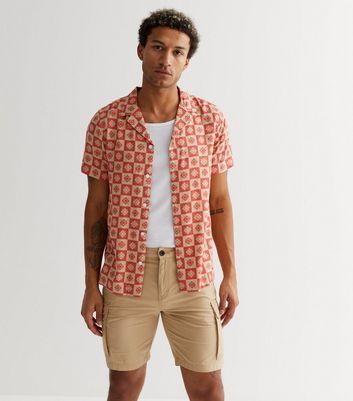 Men's Orange Geometric Tile Short Sleeve Shirt New Look