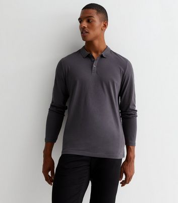 Men's Dark Grey Cotton Long Sleeve Polo Shirt New Look