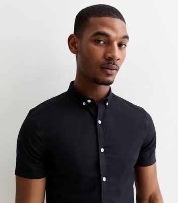 Men's Black Short Sleeve Muscle Fit Oxford Shirt New Look