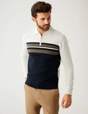 Mens Cotton Rich Striped Knitted Polo Shirt