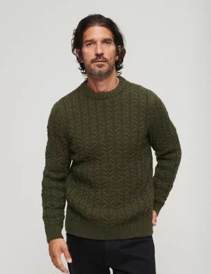 Mens Wool Blend Cable Crew Neck Jumper