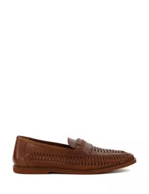 Mens Leather Woven Flat Loafers