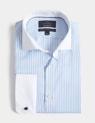 Mens Tailored Fit Luxury Cotton Double Cuff Striped Shirt