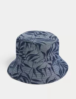 Mens Pure Cotton Leaf Print Bucket Hat
