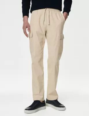 Mens Linen Rich Elasticated Waist Cargo Trousers