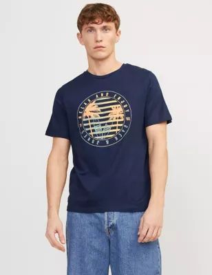 Mens Pure Cotton Beach Graphic Crew Neck T-Shirt