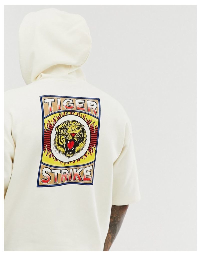 ASOS DESIGN oversized short sleeve hoodie with tiger back print-Beige