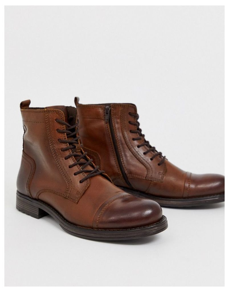 Jack & Jones lace up leather boot in brown