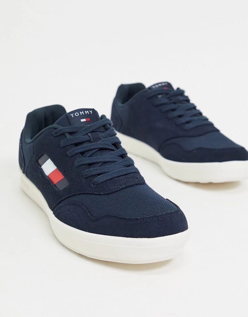 trainer in navy suede mix with flag logo
