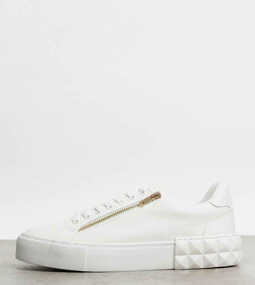 Wide Fit trainers in white with zips and diamond sole