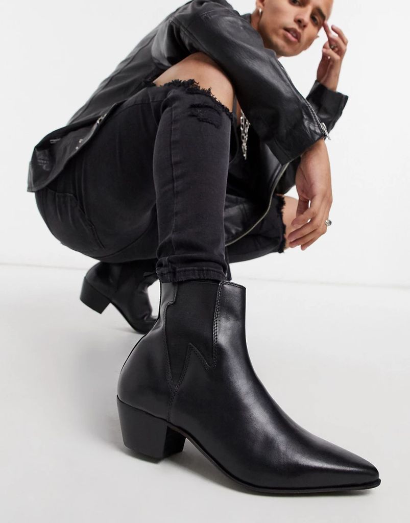 cuban heel western chelsea boots in black leather with lightning detail