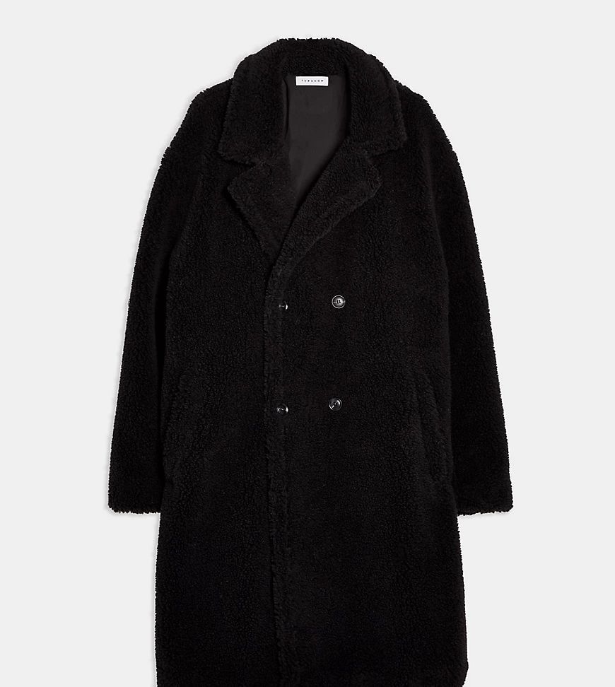 Big & Tall teddy double breasted longline coat in black