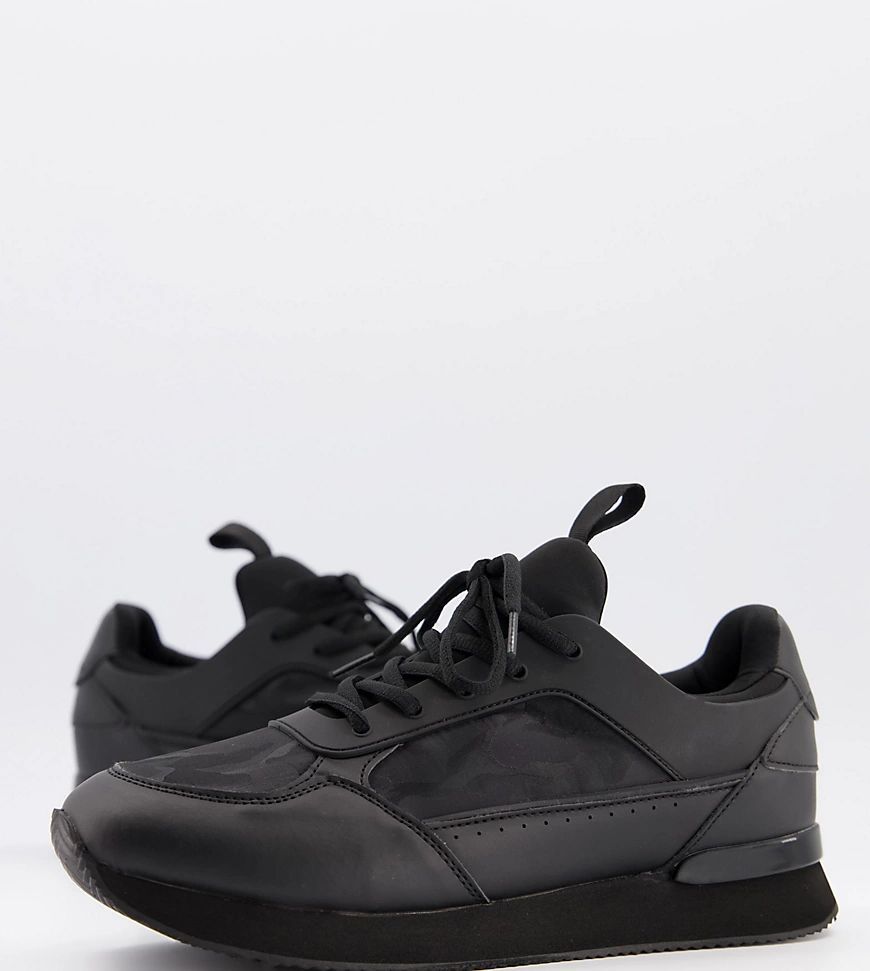 Wide Fit trainers in black with tonal camo