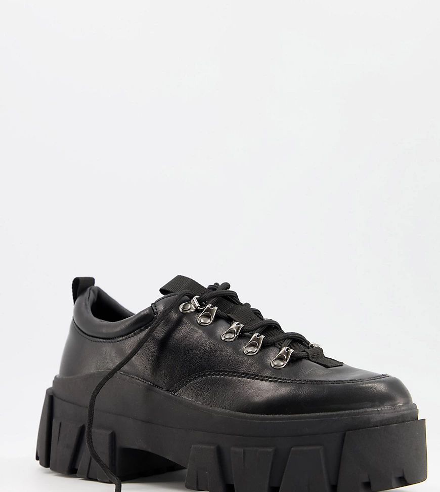Wide Fit lace up shoes in black faux leather with chunky sole